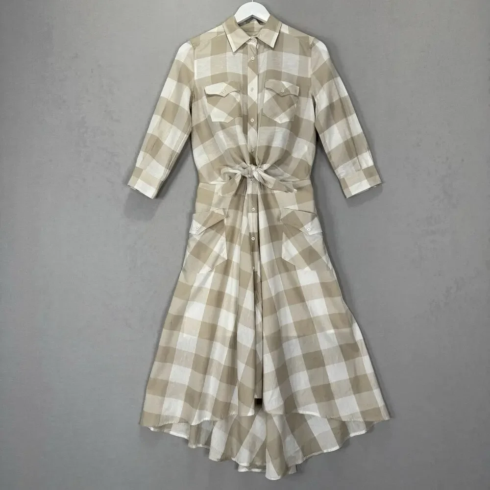 Sara Roka Drake Belted Dress‎ Womens 40 Beige Linen Gingham Shirt Midi Cottage